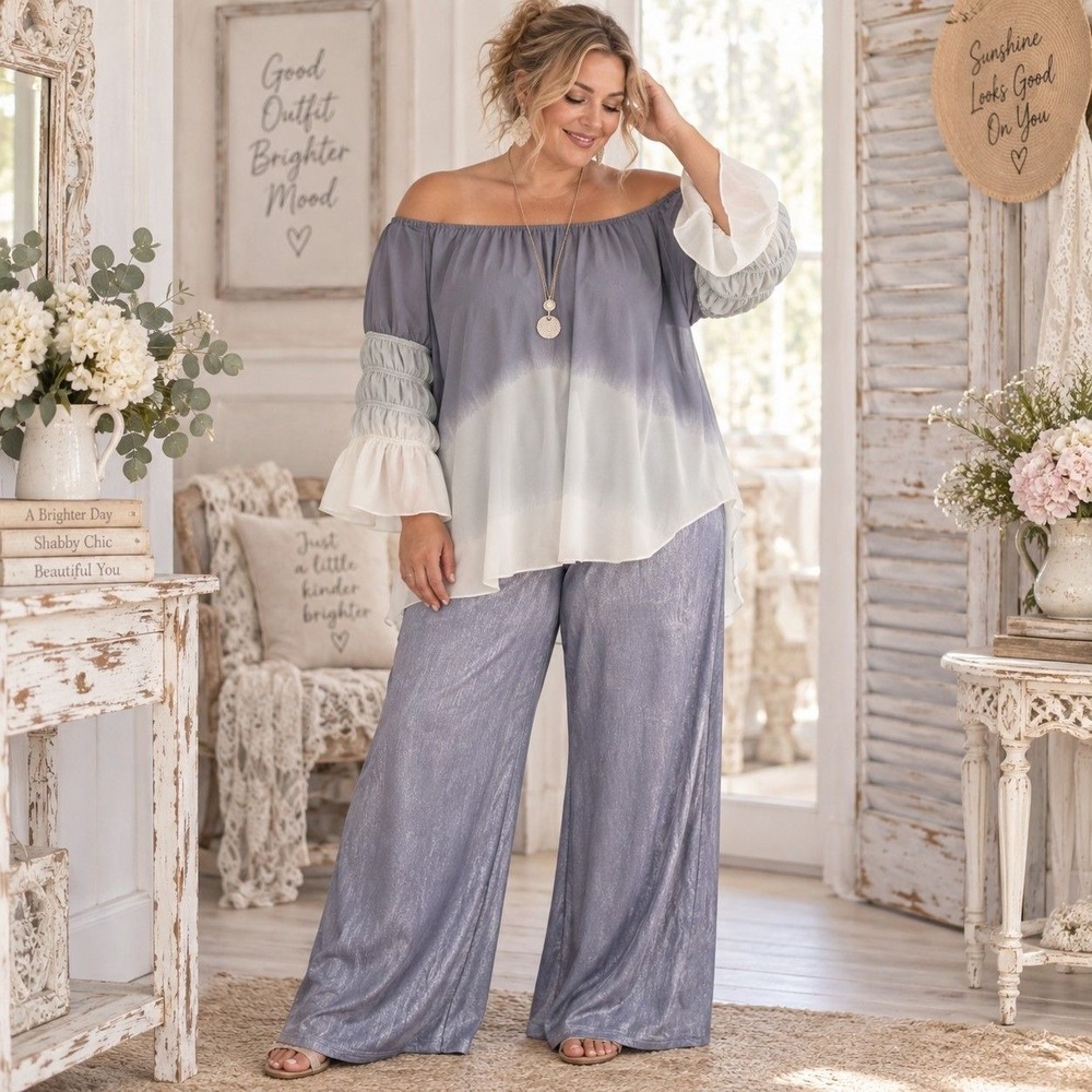 47. 1X SET Cato Gray White Ombre Off Shoulder Top Wide Leg Pants Boho Shabby